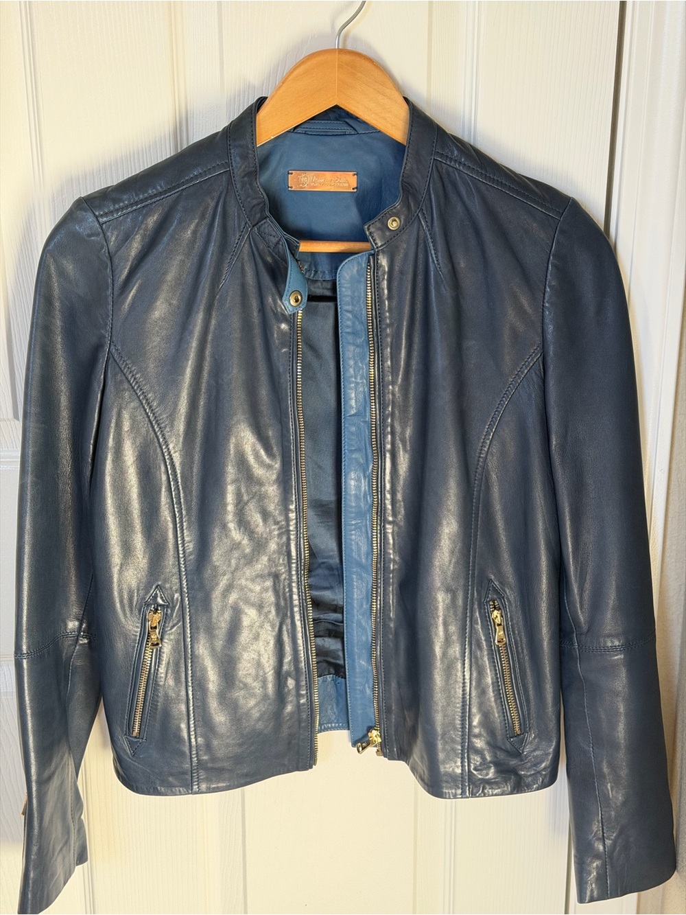 Massimo Dutti Navy Blue Leather Moto Jacket